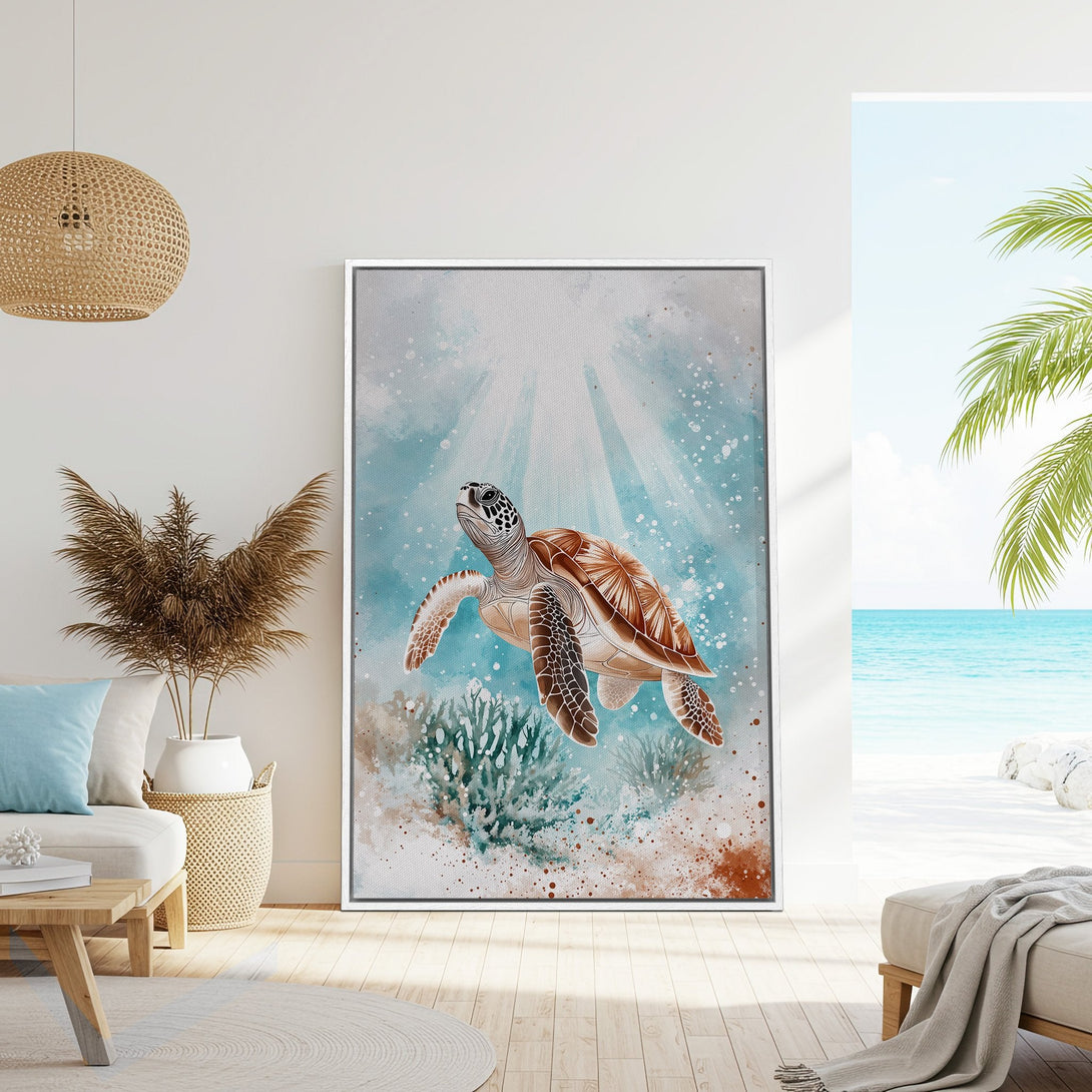 Framed Wall Art featuring a watercolor sea turtle in shades of blue and brown, perfect coastal decor for your home.