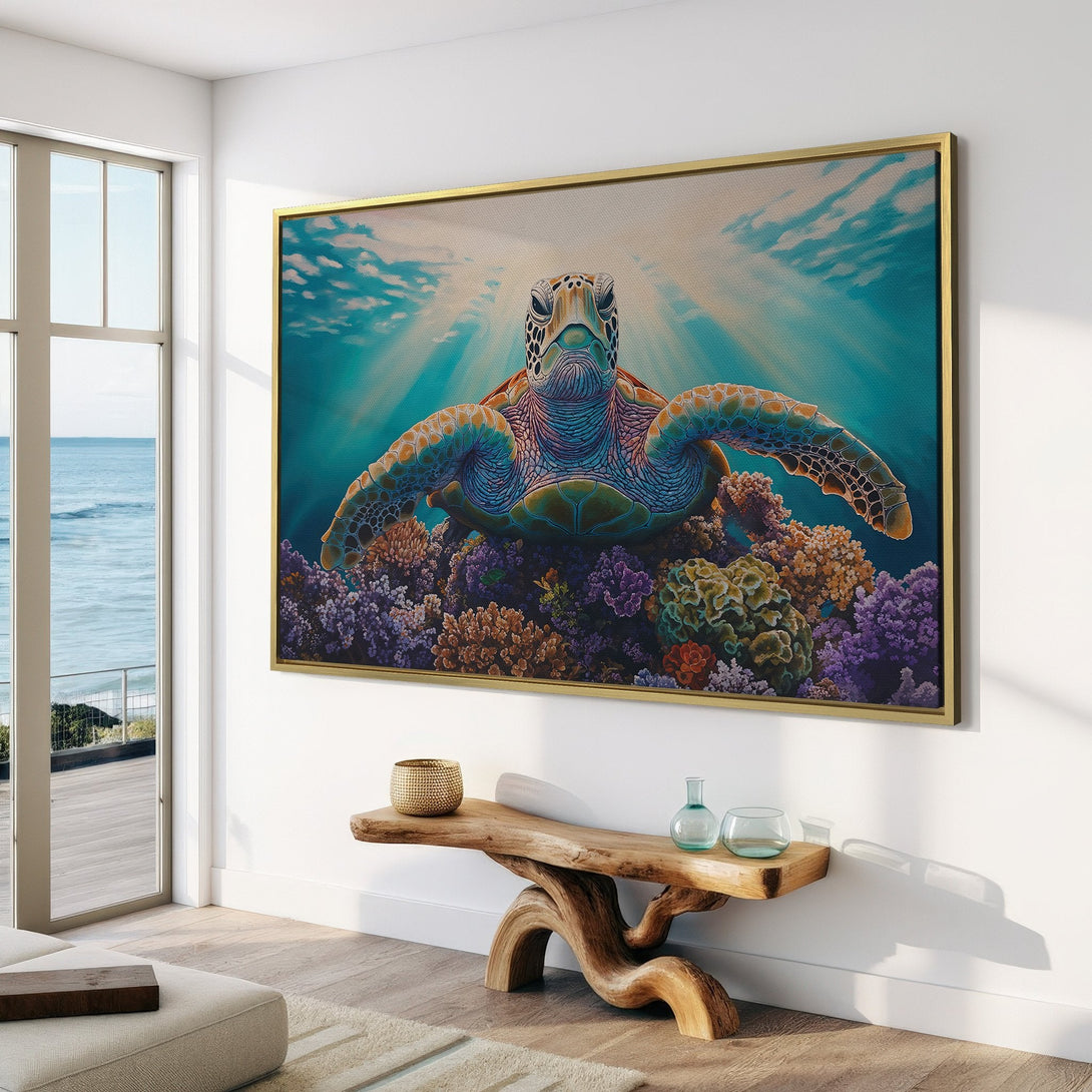 Canvas Print of a sea turtle underwater. Coastal style art with blue, green, and coral color palette. Perfect for coastal home decor!
