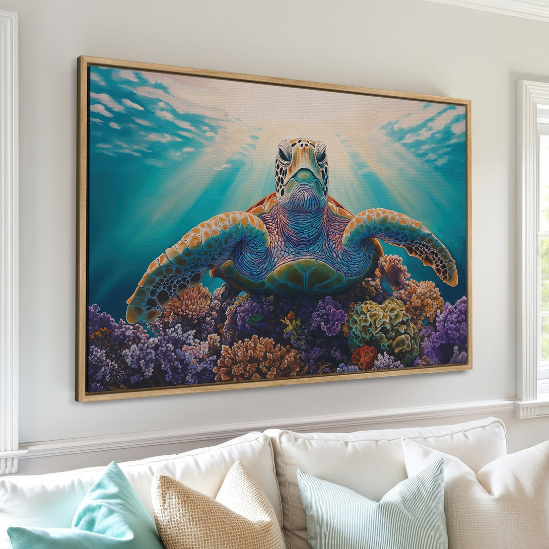 Framed Wall Art featuring a vibrant sea turtle in a turquoise and coral reef scene. Coastal decor with a calming blue and earthy color palette.