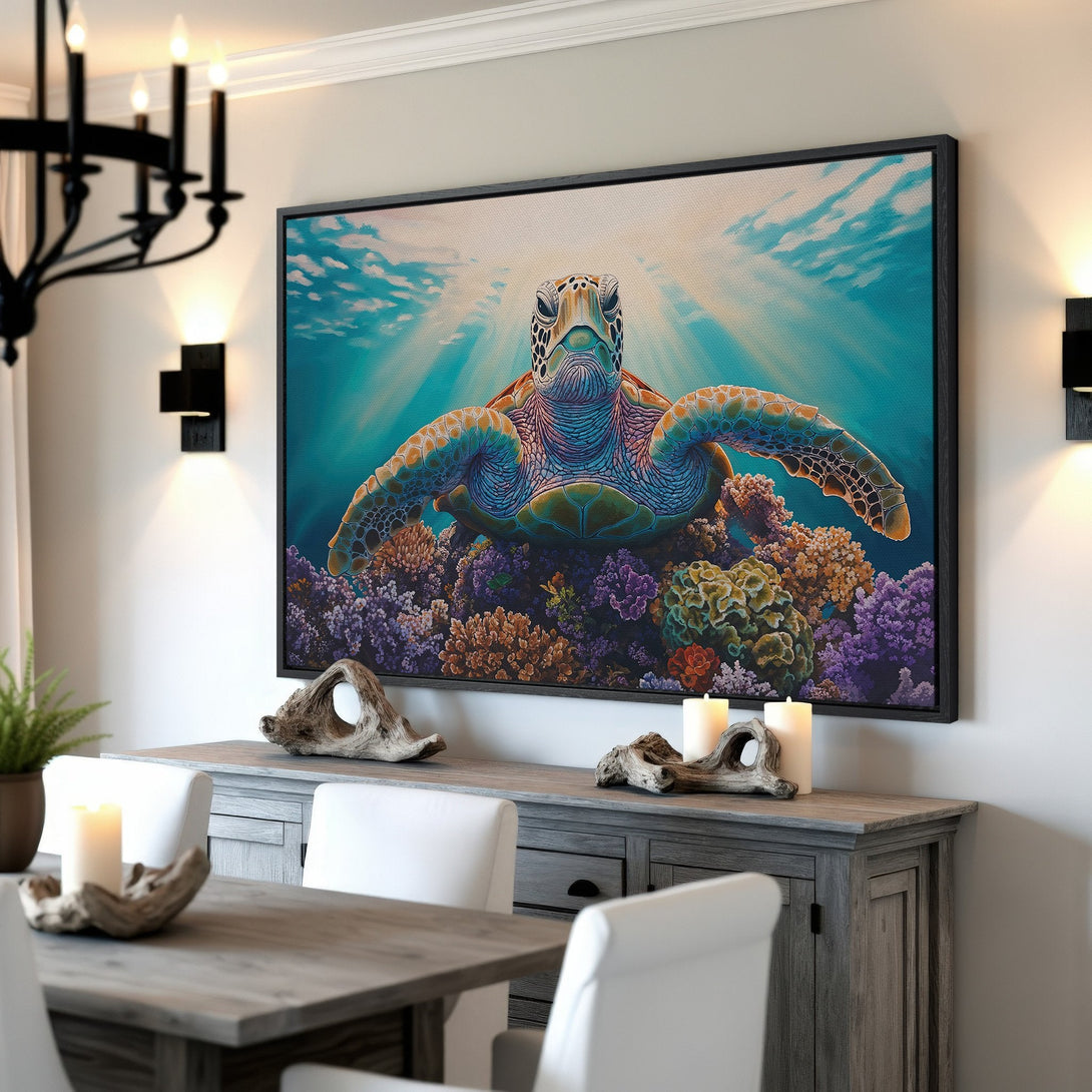 Framed Wall Art: Majestic sea turtle canvas print in vibrant blues, greens, and corals. Coastal decor for a serene living space.