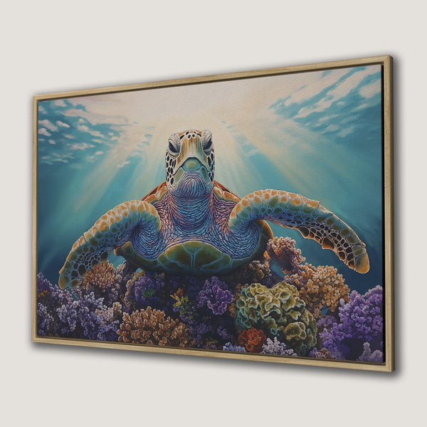 Framed Wall Art featuring a stunning sea turtle in vibrant blues, greens, and purples. Bring the beauty of the ocean to your home with this captivating Canvas Print.