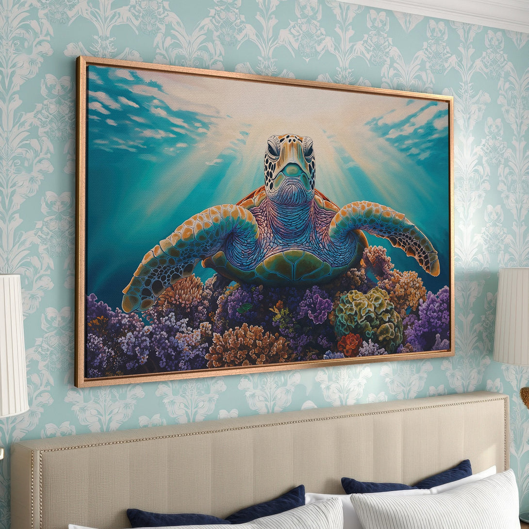 Framed Wall Art: Stunning Canvas Print of a sea turtle in vibrant blues and greens. Coastal decor for your bedroom. Bring the ocean home!