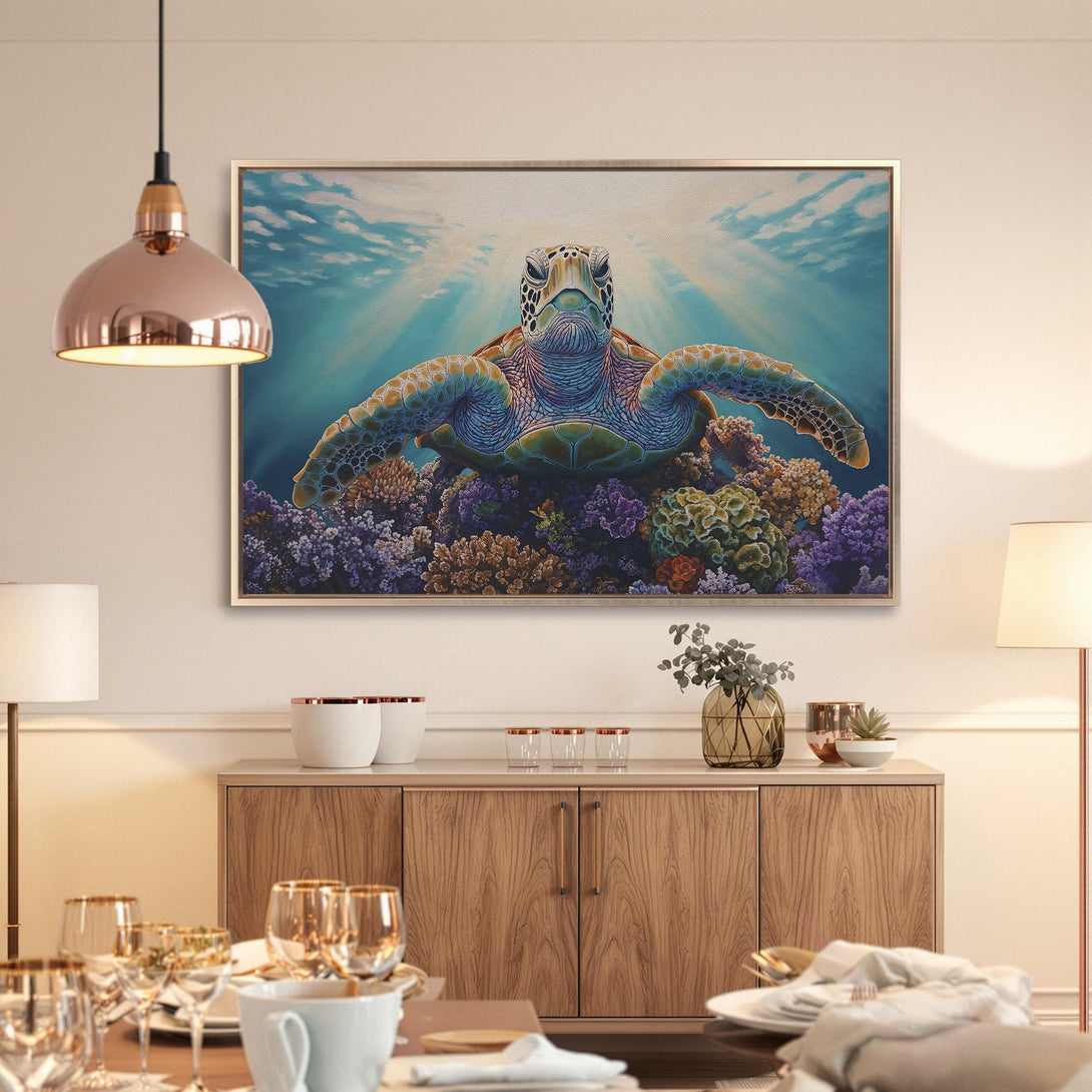 Framed Wall Art: Sea turtle canvas print in a dining room. Coastal art with blue, green, and coral tones. Perfect for ocean lovers!