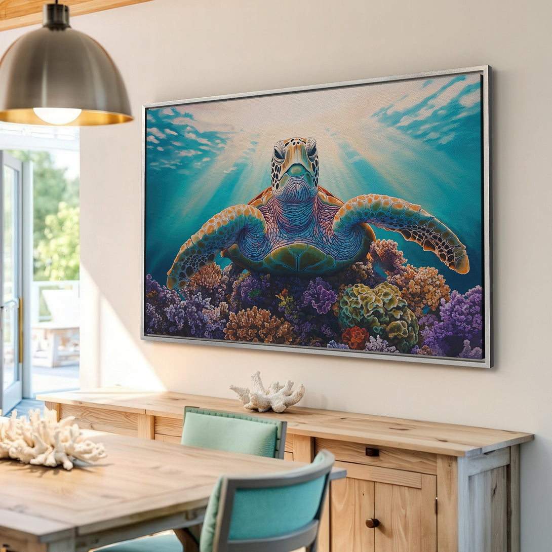 Framed Wall Art featuring a vibrant sea turtle. Coastal-inspired art with blue, teal, and coral tones. Bring the ocean to your home!