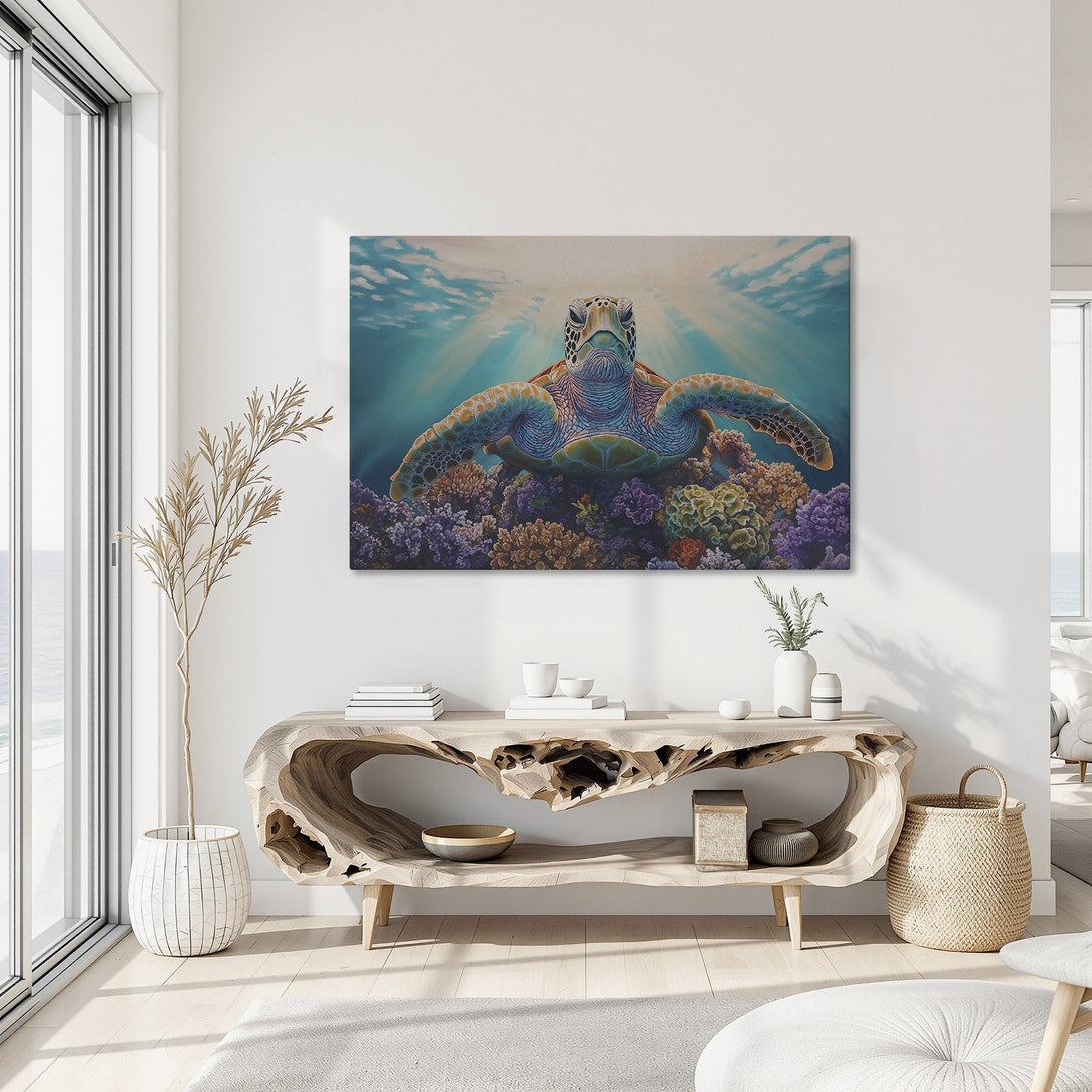 Framed Wall Art: Stunning sea turtle canvas print in vibrant blues, greens, and coral tones. Perfect coastal decor to elevate your space!