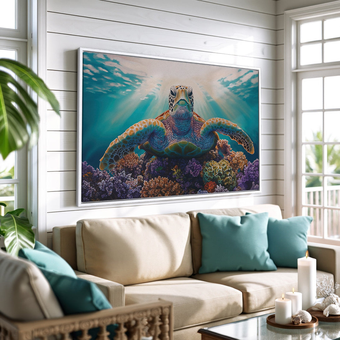 Framed Wall Art featuring a vibrant sea turtle underwater. Coastal style art with teal, blue, and coral tones. Perfect for adding a touch of the ocean to your home.