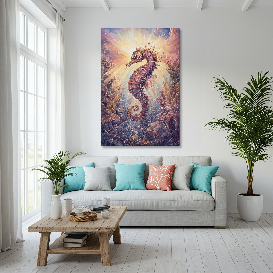 Framed Wall Art: Stunning seahorse canvas print in a coastal interior. Features warm, vibrant colors and a touch of elegance. Perfect for your home decor!