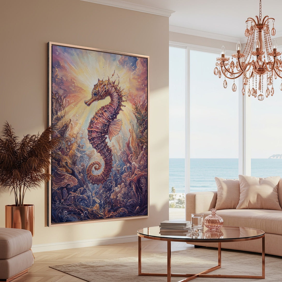 Framed Wall Art featuring a vibrant seahorse painting. Coastal-inspired art with a warm, earthy color palette. Perfect for adding elegance to your home.