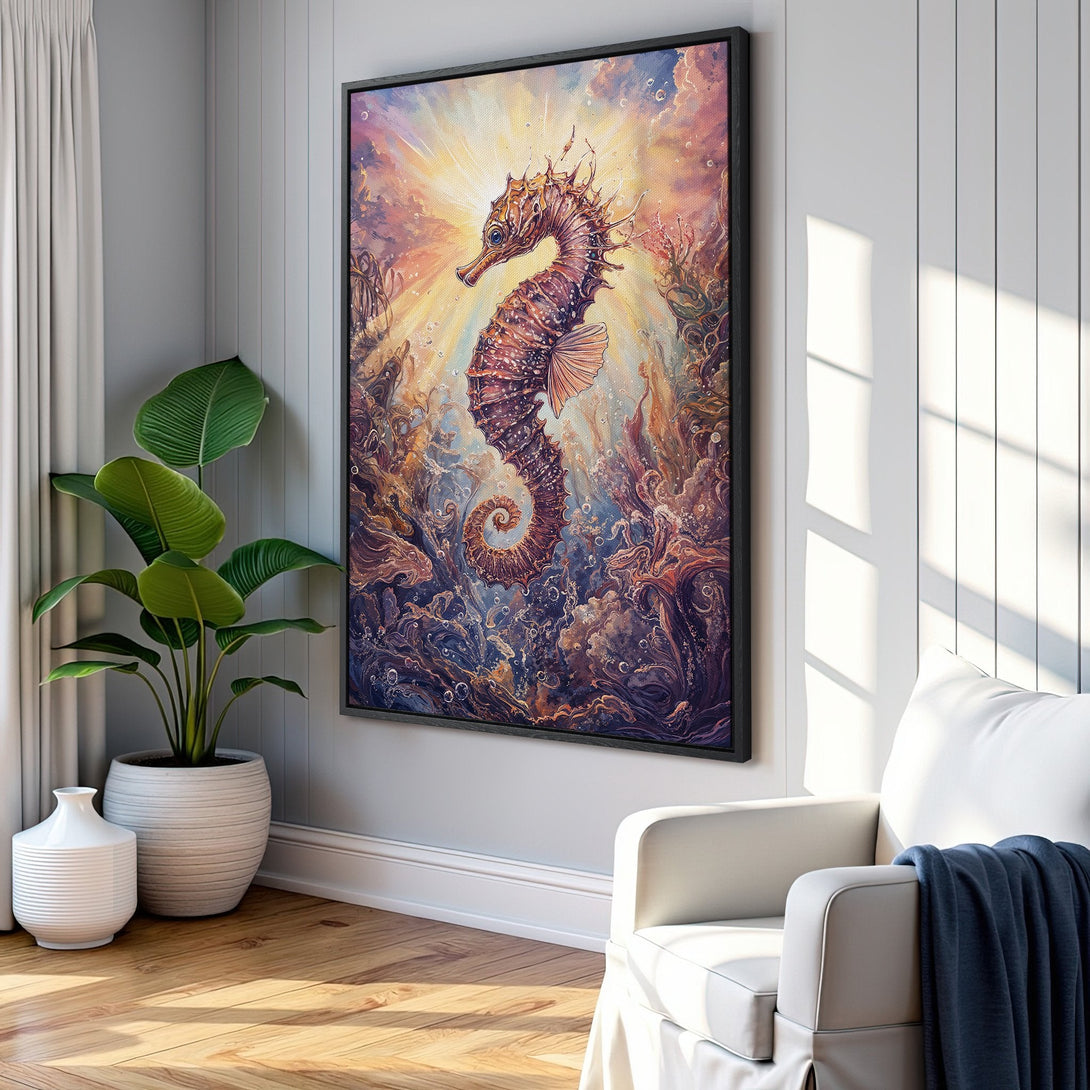 Framed Wall Art featuring a vibrant seahorse illustration in a fantasy style with a warm, earthy color palette. Perfect for coastal decor!