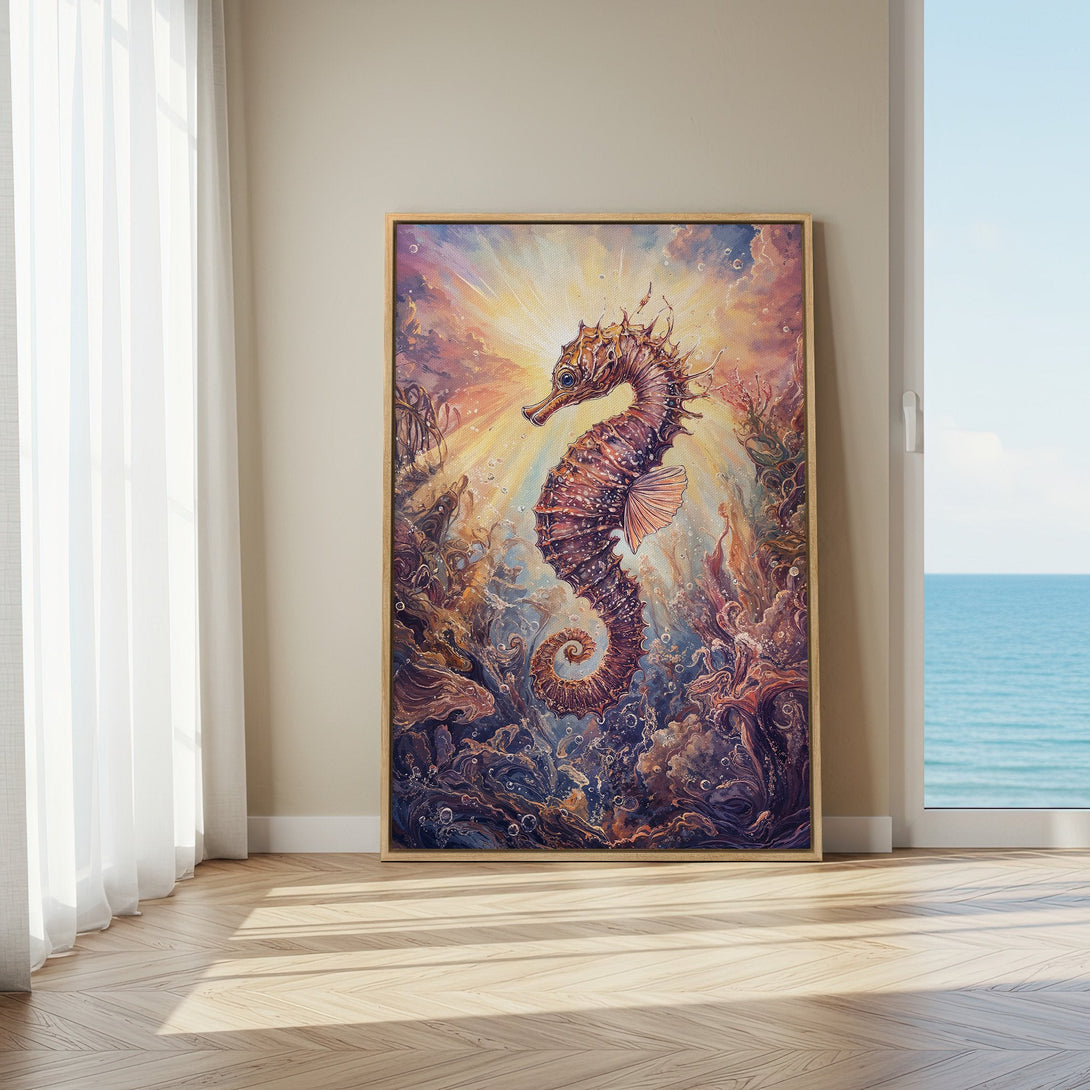 Framed Wall Art featuring a vibrant seahorse in a fantasy style with a warm, colorful palette. Perfect for adding a touch of whimsy to any space.