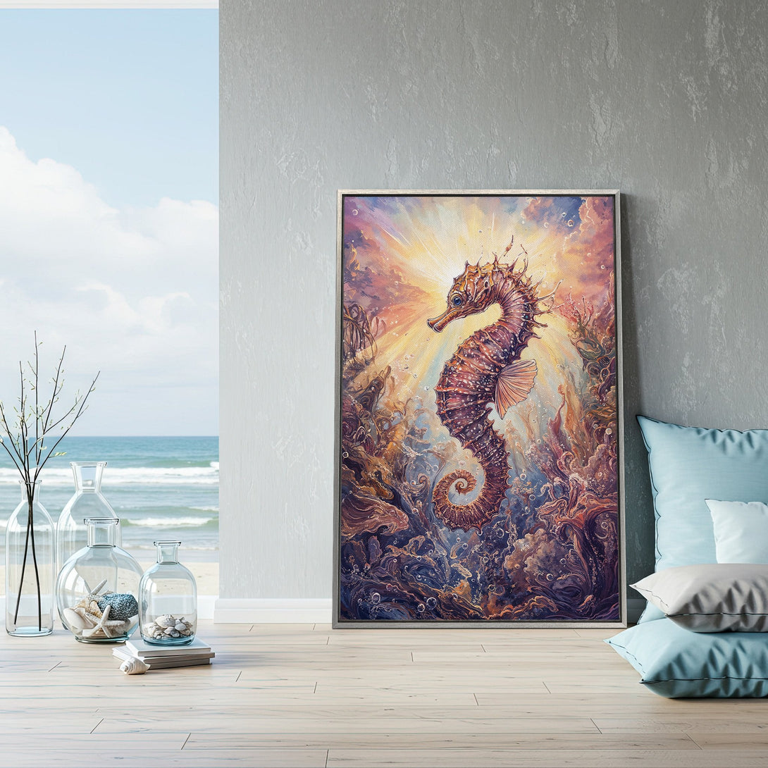 Framed Wall Art featuring a vibrant seahorse painting with a warm, colorful palette. Perfect coastal decor for your home!