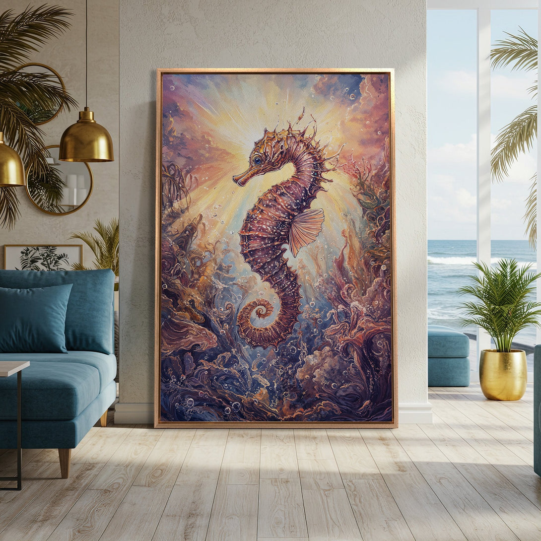 Framed Wall Art featuring a majestic seahorse in a vibrant, artistic style. Warm, earthy tones with hints of blue and gold create a stunning focal point.