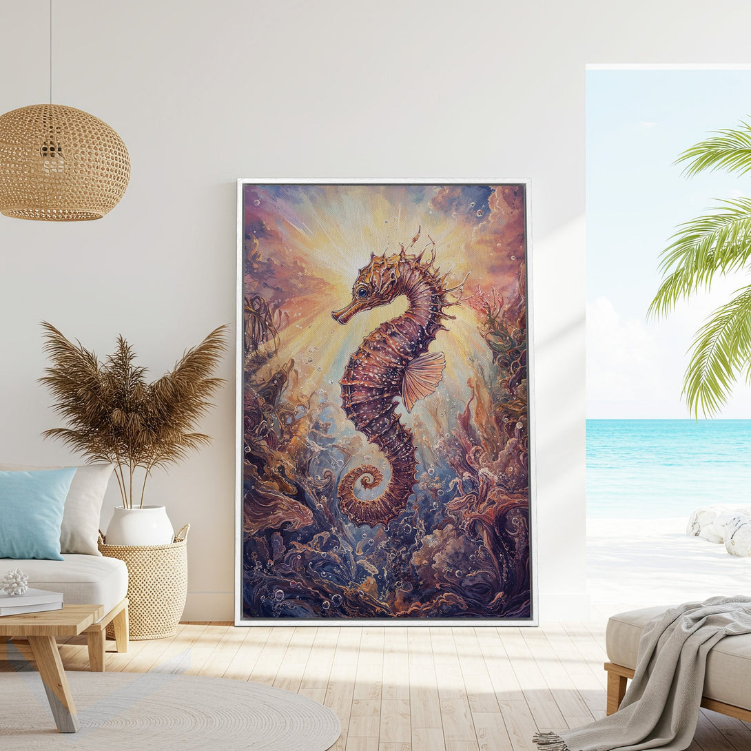 Framed Wall Art featuring a vibrant seahorse painting in warm, earthy tones. Coastal decor with a serene, artistic style. Perfect for your living room!