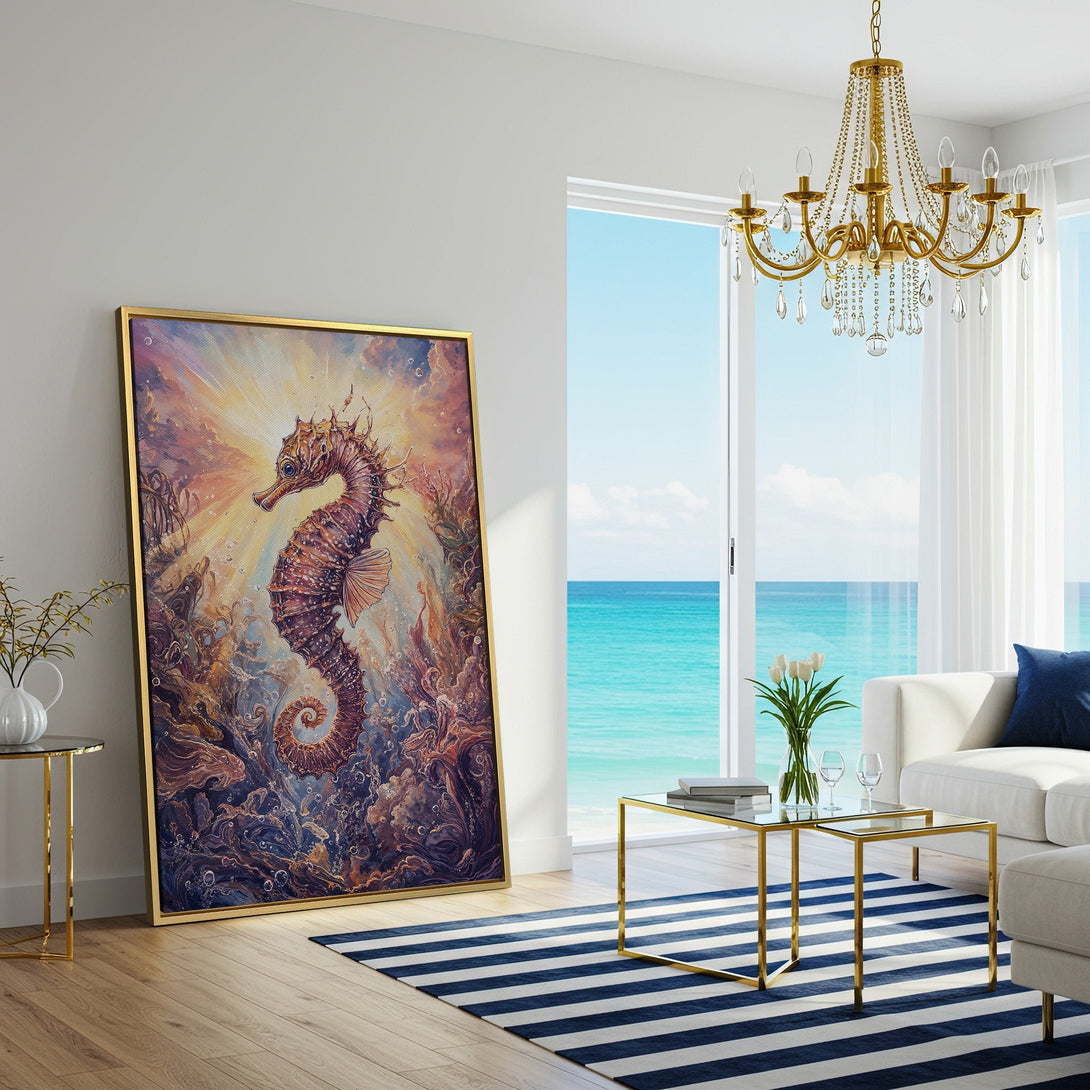 Canvas Print of a majestic seahorse in vibrant, artistic style. Warm, earthy tones with pops of blue and orange create a stunning focal point.