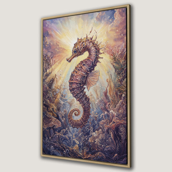 Framed Wall Art featuring a stunning seahorse in an underwater fantasy. Warm, earthy tones and vibrant blues create a captivating canvas print.