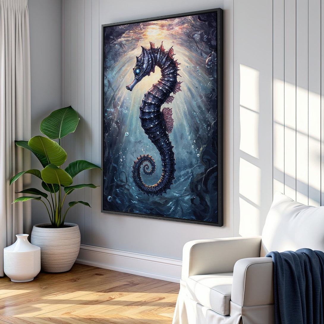 Framed Wall Art: Stunning seahorse canvas print in a dark blue and teal color palette. Perfect for coastal decor! Add a touch of elegance to your space.