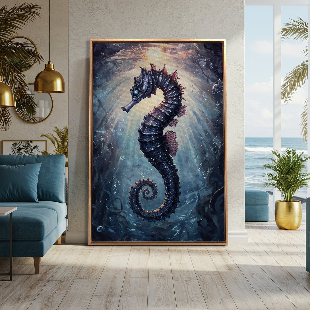 Framed Wall Art featuring a majestic seahorse in a dark blue and teal color palette. Perfect coastal decor for your home!