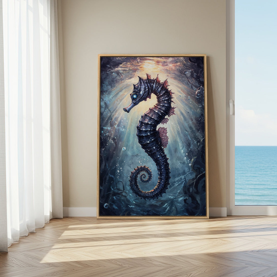 Framed Wall Art featuring a majestic seahorse in deep blue and teal tones. Artistic style, perfect for coastal decor. Add this Canvas Print to your home!