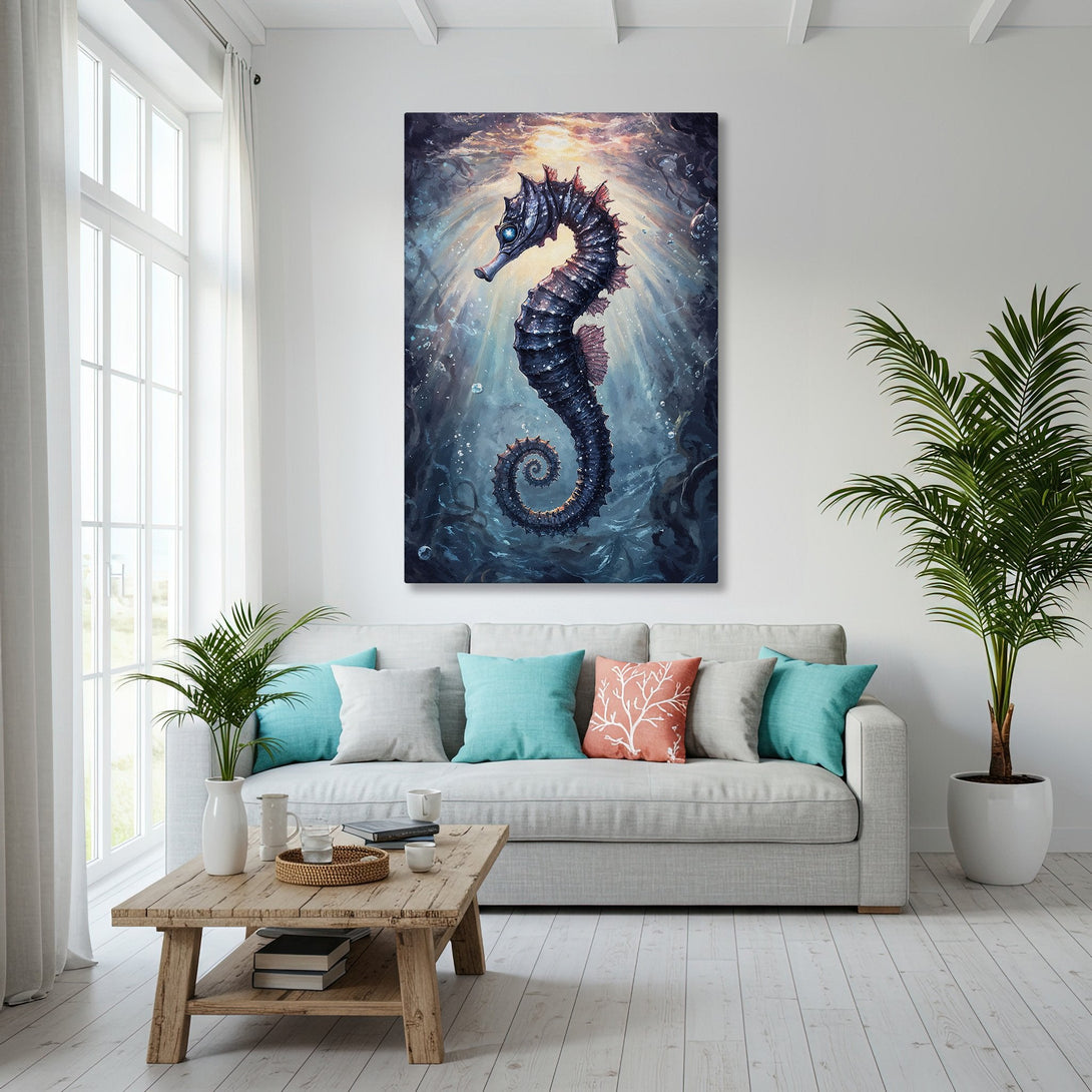 Framed Wall Art: Stunning seahorse canvas print in a coastal interior. Features a blue and gold color palette, perfect for adding ocean-inspired art to your home.