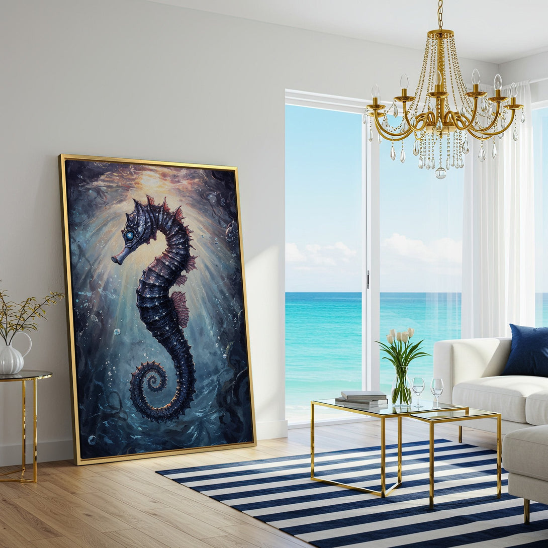 Canvas Print of a majestic seahorse in shades of blue and teal, adding an elegant touch to any coastal decor.