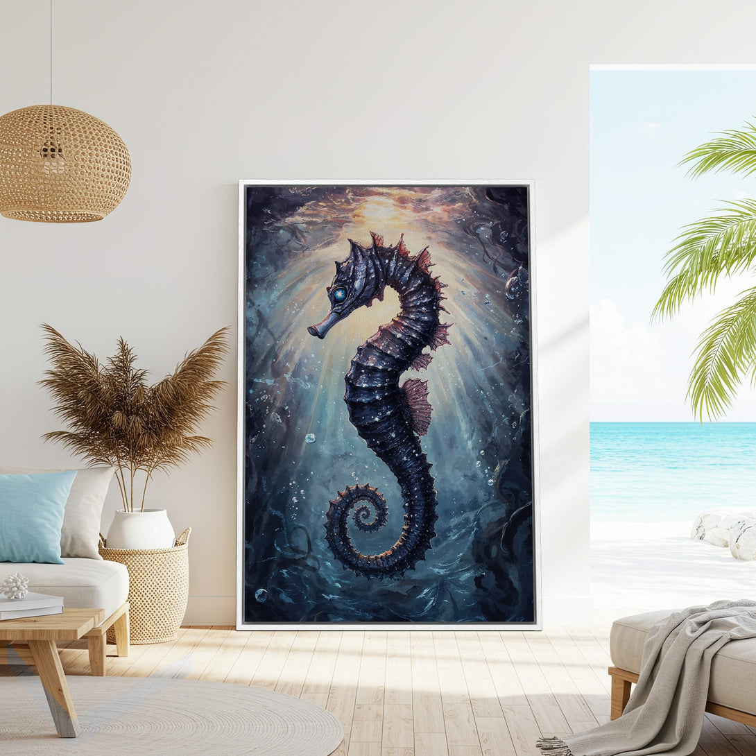 Framed Wall Art: Stunning seahorse canvas print in a coastal style, featuring a dark blue and teal color palette. Perfect for adding an ocean vibe to your home!