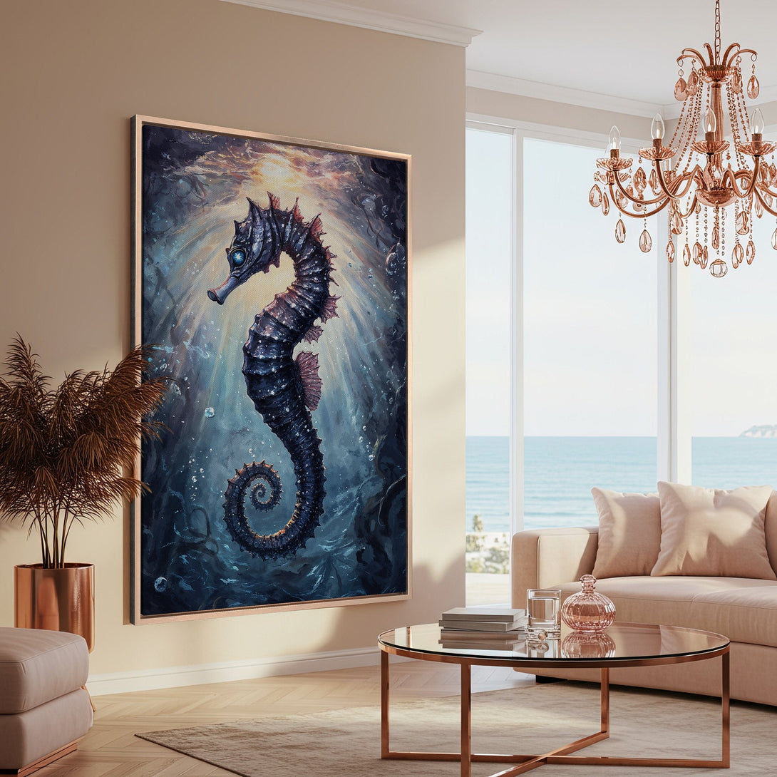 Framed Wall Art: Stunning seahorse Canvas Print in a moody, blue and gold palette. Elevate your space with this captivating underwater art piece.