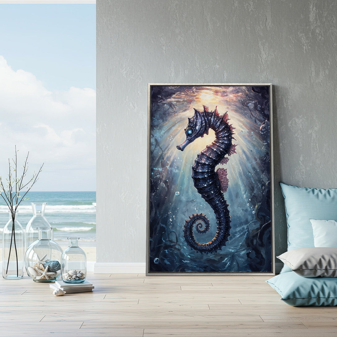 Framed Wall Art: Majestic seahorse canvas print in a stunning blue and teal palette. Perfect for coastal decor, adding a touch of ocean art to your home.