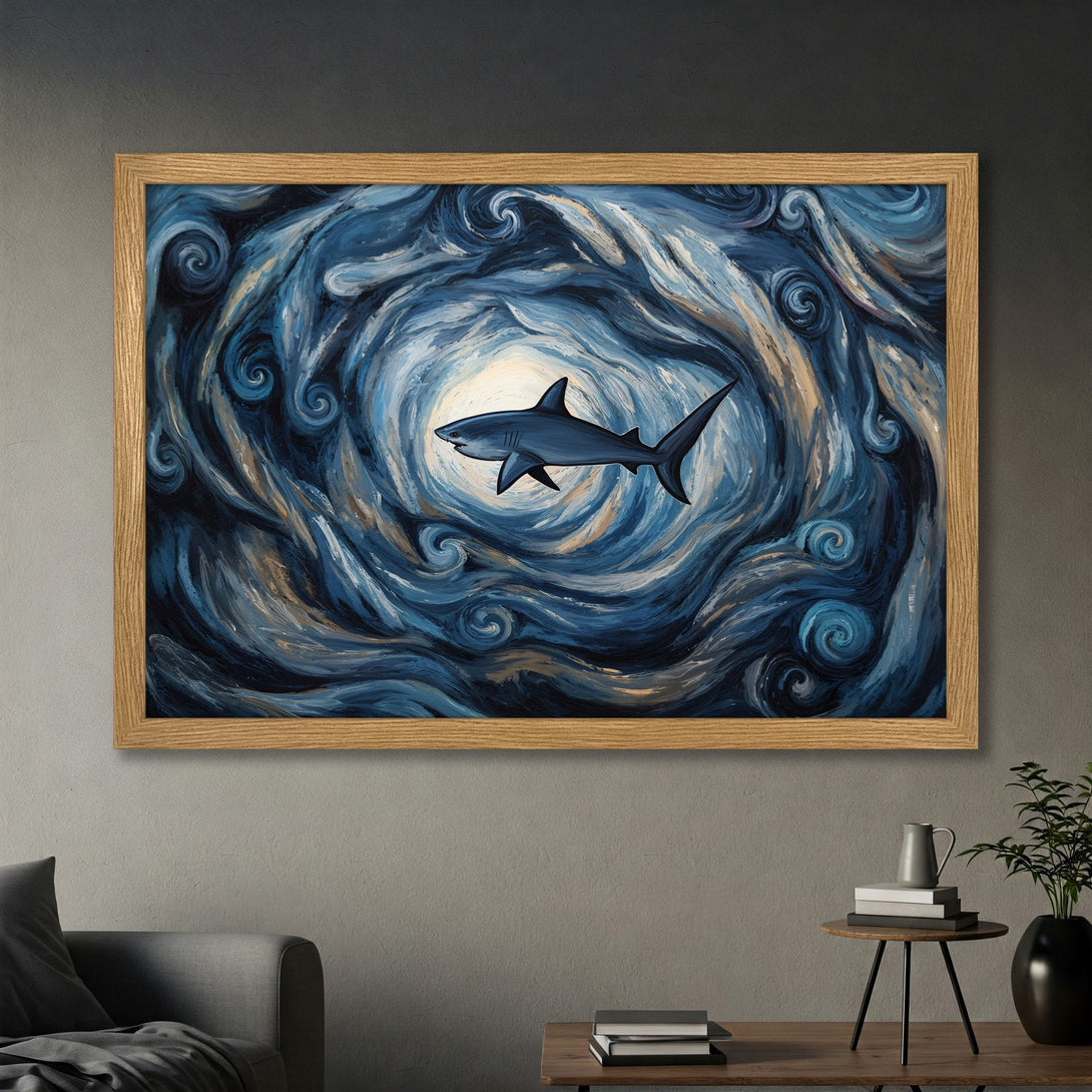 Framed Poster featuring a shark in a swirling blue and gold style. Modern art print for your home decor.