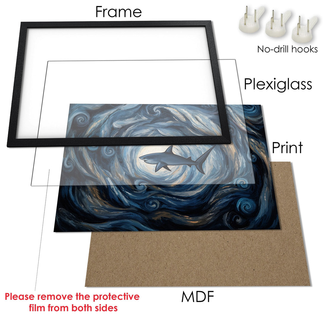 Framed Poster featuring a shark in a swirling, blue and white art style. Perfect wall art for your home!