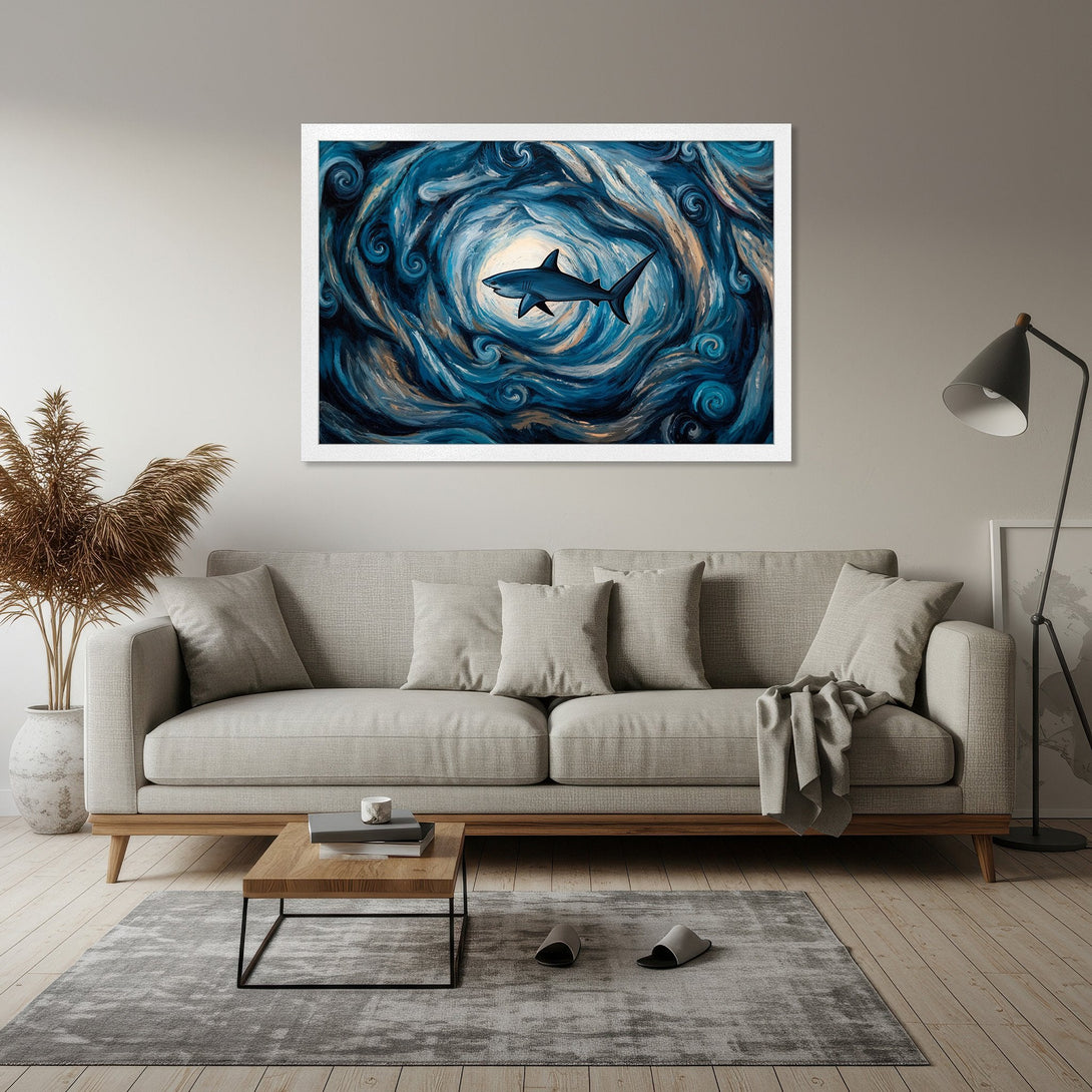 Framed Poster featuring a shark in a swirling blue and gold abstract style. Perfect art for your home!