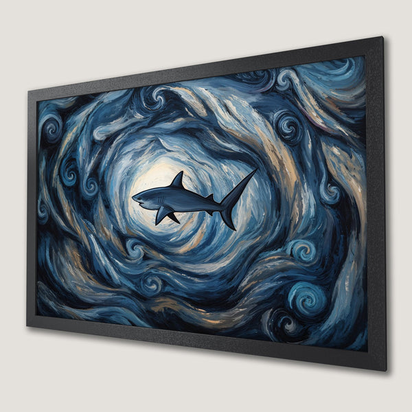 Framed Poster featuring a shark in a swirling, impressionistic style with a blue and neutral color palette. Perfect wall art!