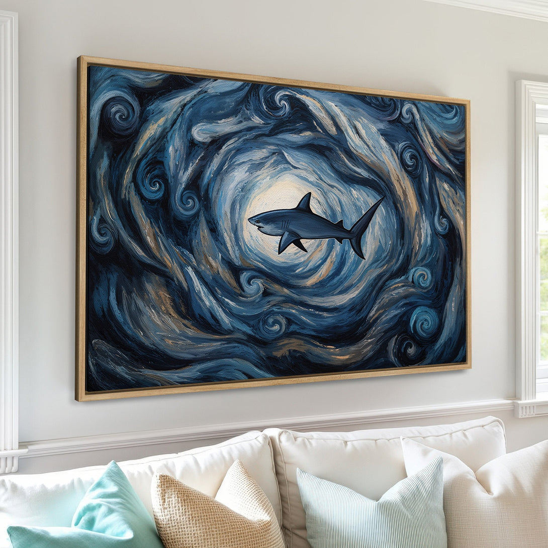 Framed Wall Art featuring a shark in a swirling, blue and gold abstract style. Add ocean vibes to your home with this stunning Canvas Print!
