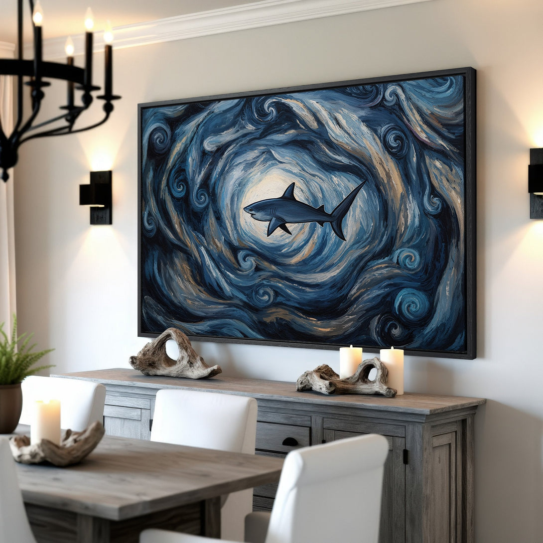 Framed Wall Art: Shark painting in a swirling blue and gold abstract style. Perfect coastal decor for your dining room.