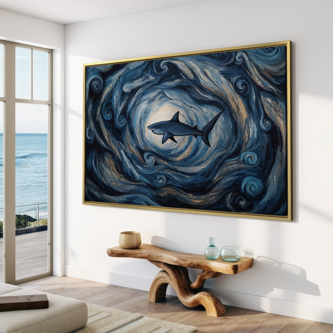 Canvas Print of a shark in a swirling, blue and gold abstract style. Modern wall art for coastal decor.