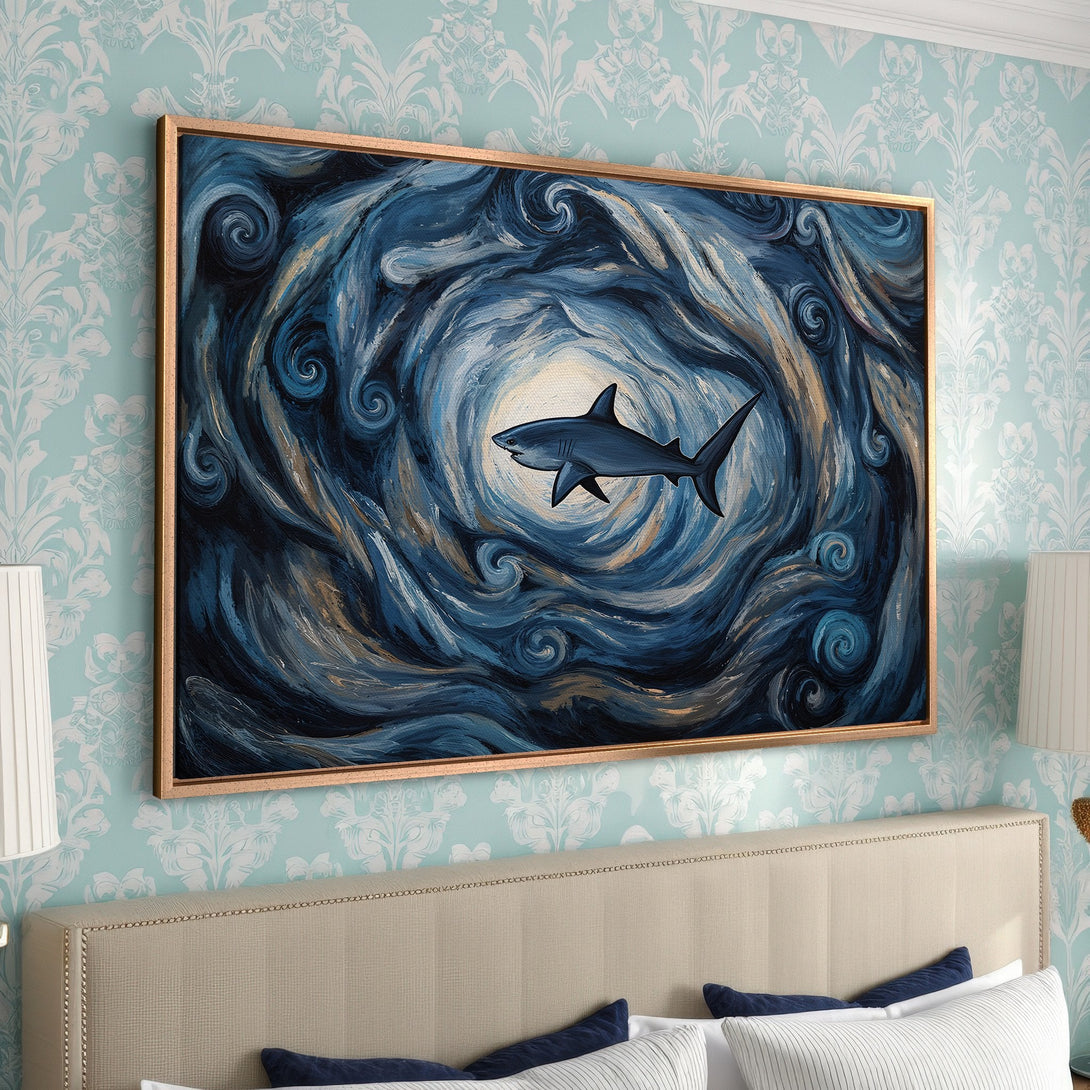 Framed Wall Art featuring a shark in a swirling blue and gold abstract painting. Perfect for adding a touch of coastal elegance to your home decor.