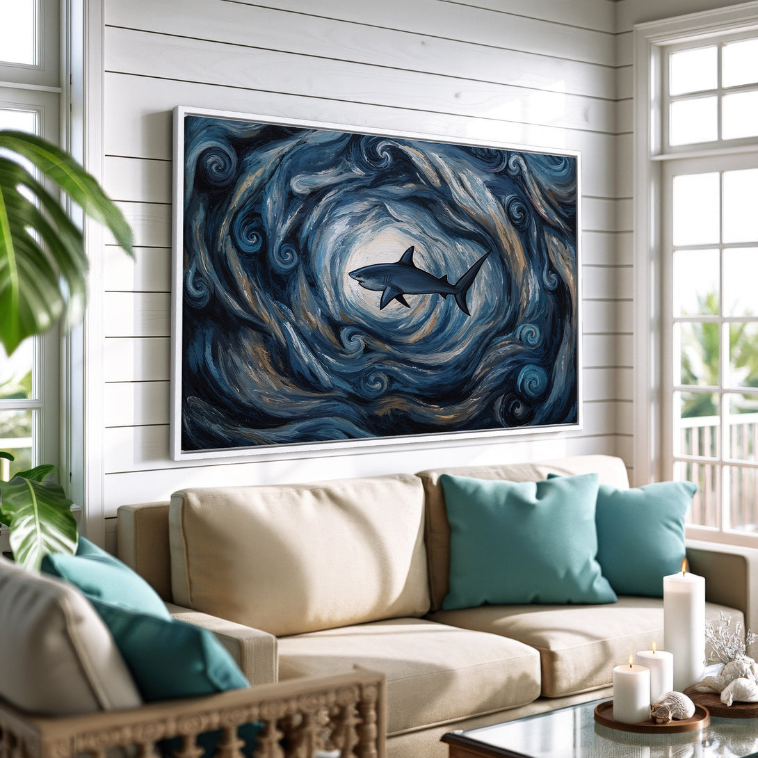 Framed Wall Art: Shark painting in blue & gold tones. Coastal decor with abstract brushstrokes. Modern art for living room or bedroom.
