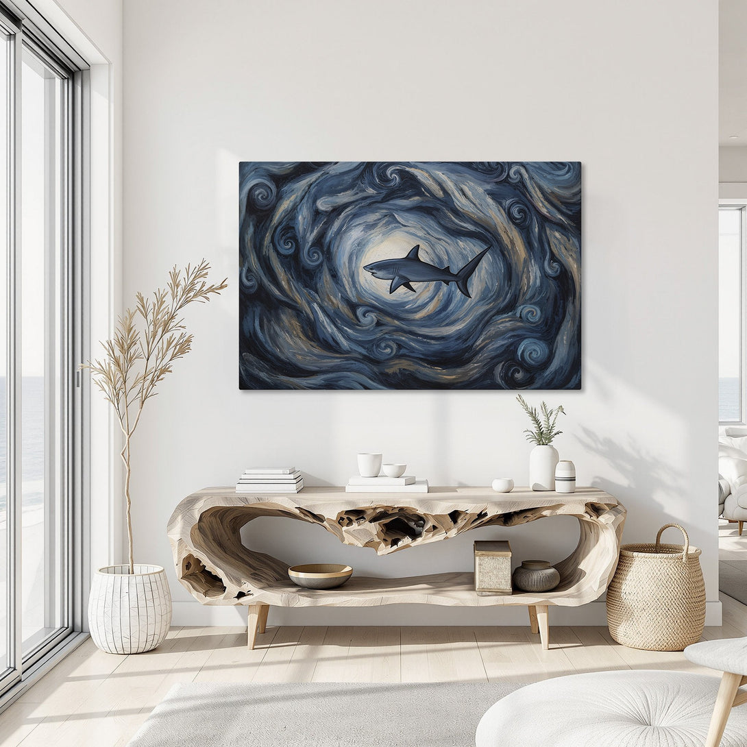 Framed Wall Art: Abstract shark painting in blue and gold tones. Coastal art for your home. Elevate your space with this stunning canvas print.