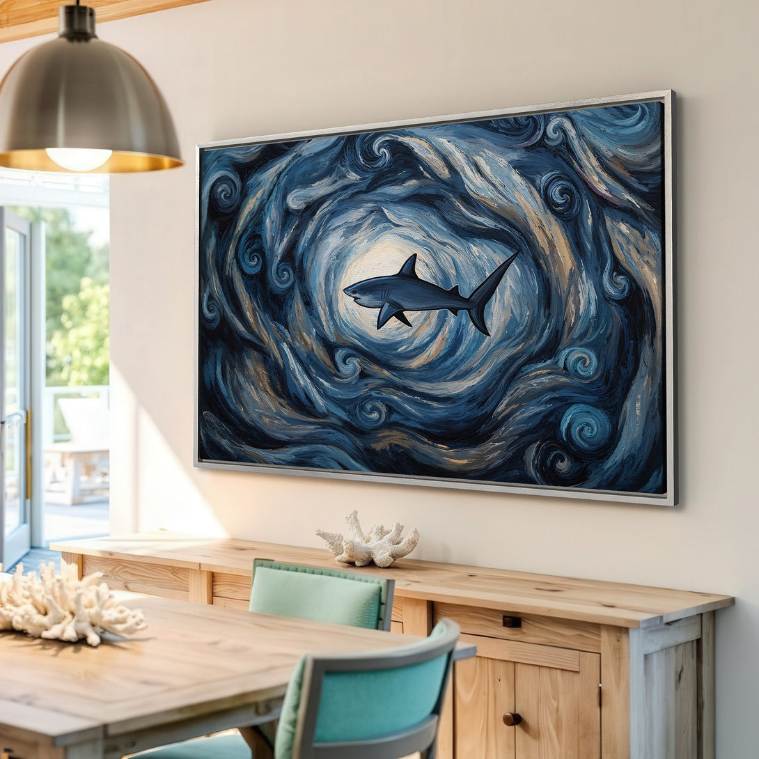 Framed Wall Art: Shark painting in a swirling, impressionistic style with blue and gold tones. Perfect for coastal decor.