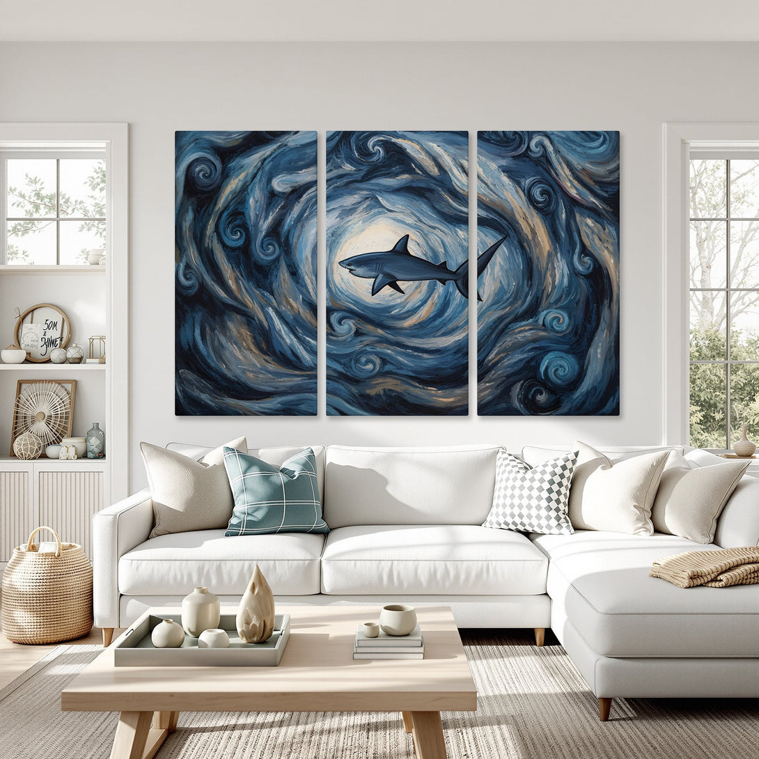 Canvas Print: Shark art in blue & gold abstract style. Coastal wall decor for a modern living room. Ocean-themed artwork.