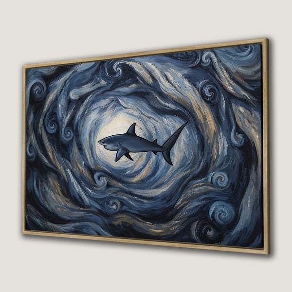 Framed Wall Art: Abstract shark painting in blue and gold tones. Perfect ocean-themed decor for your home. Canvas Print ready to hang!