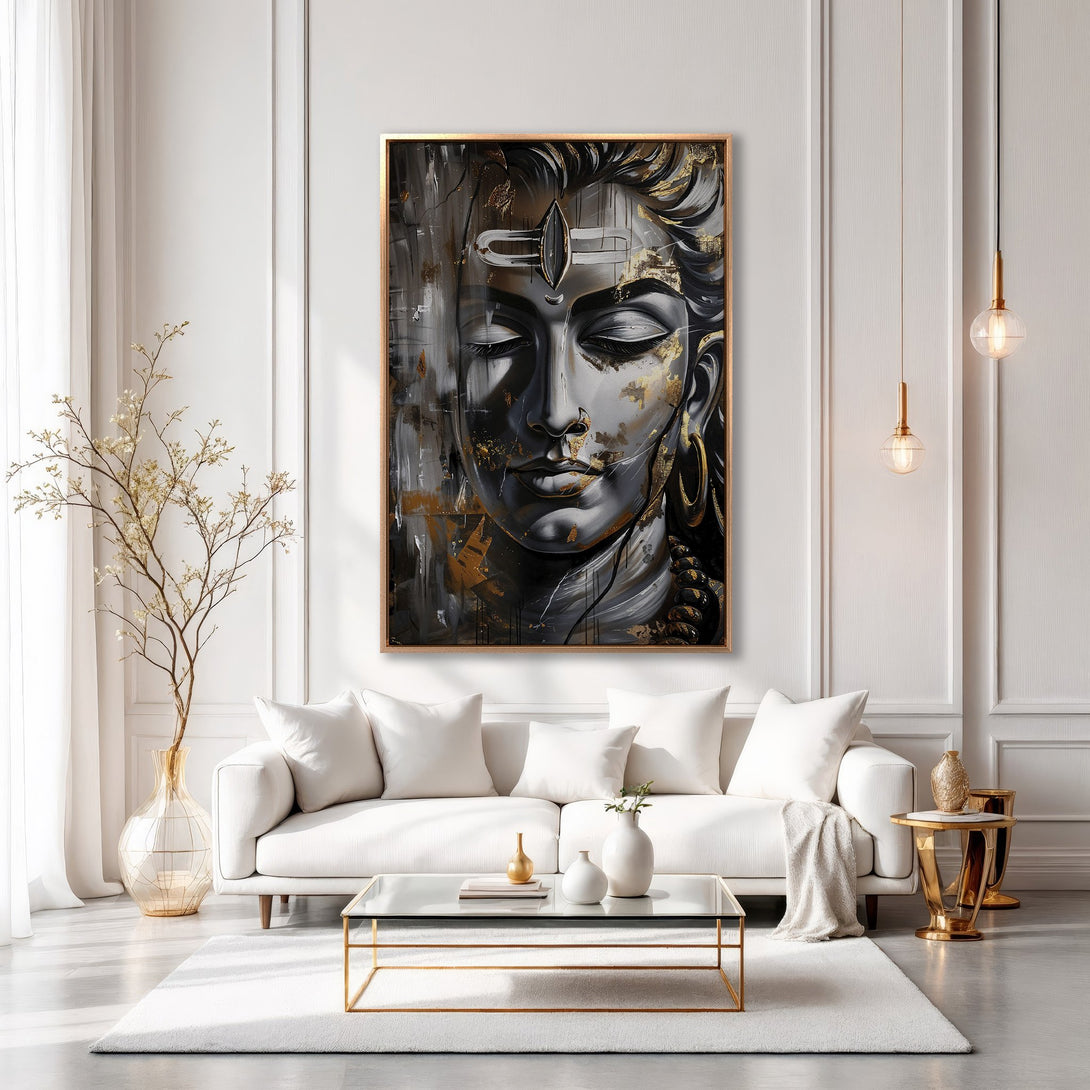 Framed Wall Art featuring a serene Shiva portrait in a modern, abstract style. Elegant black, white, and gold color palette perfect for home decor.