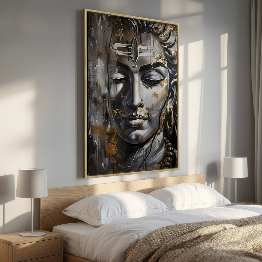 Framed Wall Art featuring a serene Shiva portrait in a modern, abstract style. The artwork uses a grayscale and gold color palette, perfect for bedroom decor.