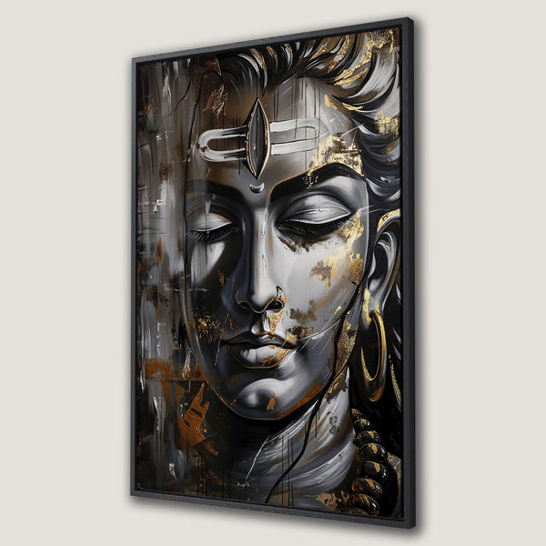 Framed Wall Art: Stunning canvas print of a serene deity in grayscale & gold. Modern, abstract style perfect for adding a touch of elegance to any space.