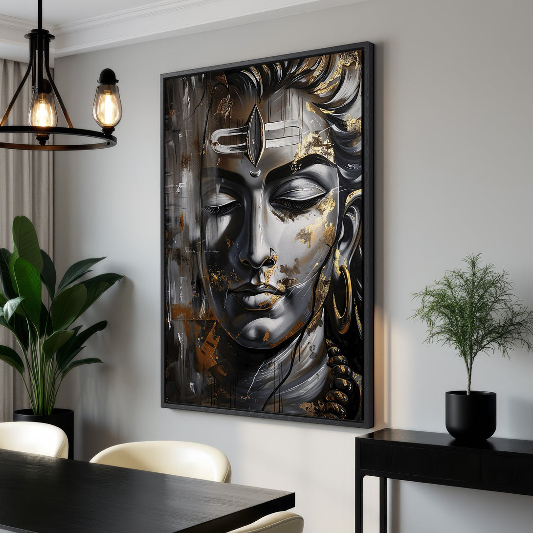 Framed Wall Art: Abstract Shiva portrait in black, white, and gold. Modern canvas print adds a touch of zen and luxury to any space. Shop now!
