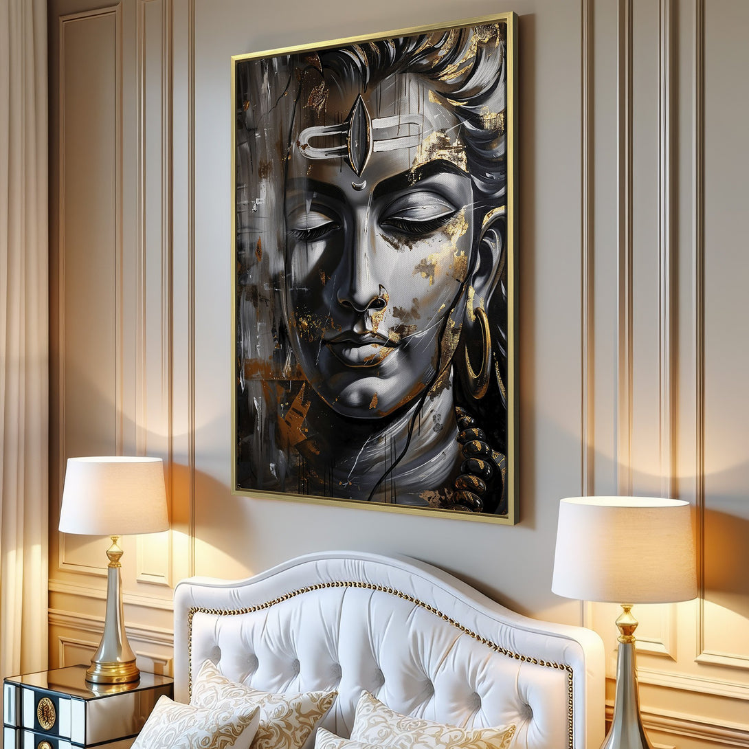 Canvas Print of a serene deity portrait in a modern, abstract style. Features a gray, black, and gold color palette, perfect for home decor.