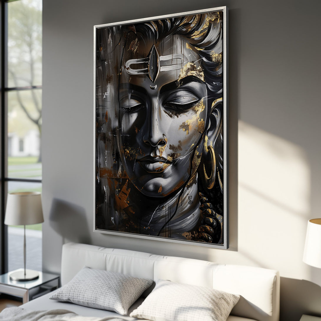 Framed Wall Art: Abstract portrait of a deity in a modern style. Features a black, gold, and gray color palette, perfect for bedroom decor.