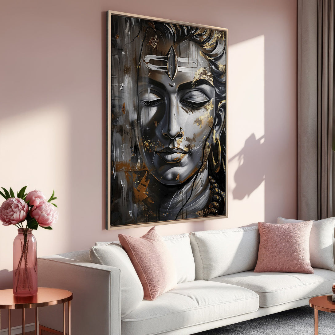 Framed Wall Art of Shiva in black, gold & gray tones. Modern art print for living room decor. Neutral color palette with pink accents.