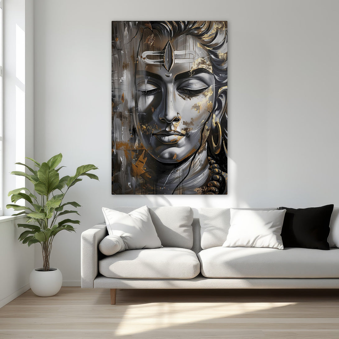 Framed Wall Art: Abstract Shiva portrait in black, white, and gold. Modern spiritual decor for bedroom or living room. Enhance your space with this canvas print.