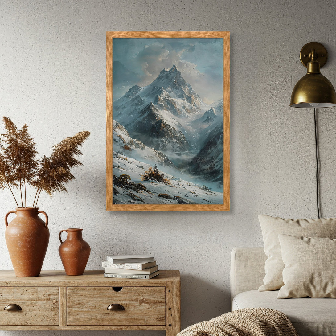 Framed Poster featuring a majestic mountain landscape in a cool, muted color palette. Perfect wall art for any home!