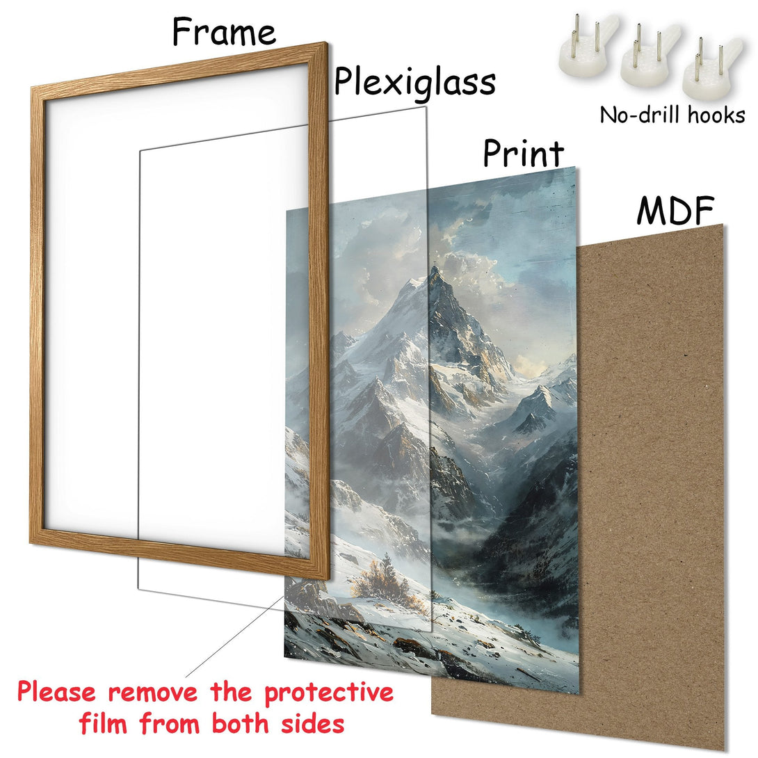 Framed Poster of a majestic mountain landscape in cool, muted tones. A beautiful art print ready to hang!